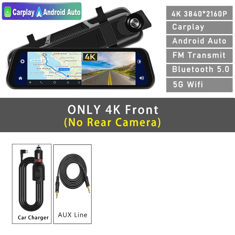 Dashcam 4K 2160P Auto-DVR CarPlay Android Auto Streaming Rückspiegel GPS 5G WLAN FM-Radio AUX Dashcam Auto-Kamera Fahrtenschreiber