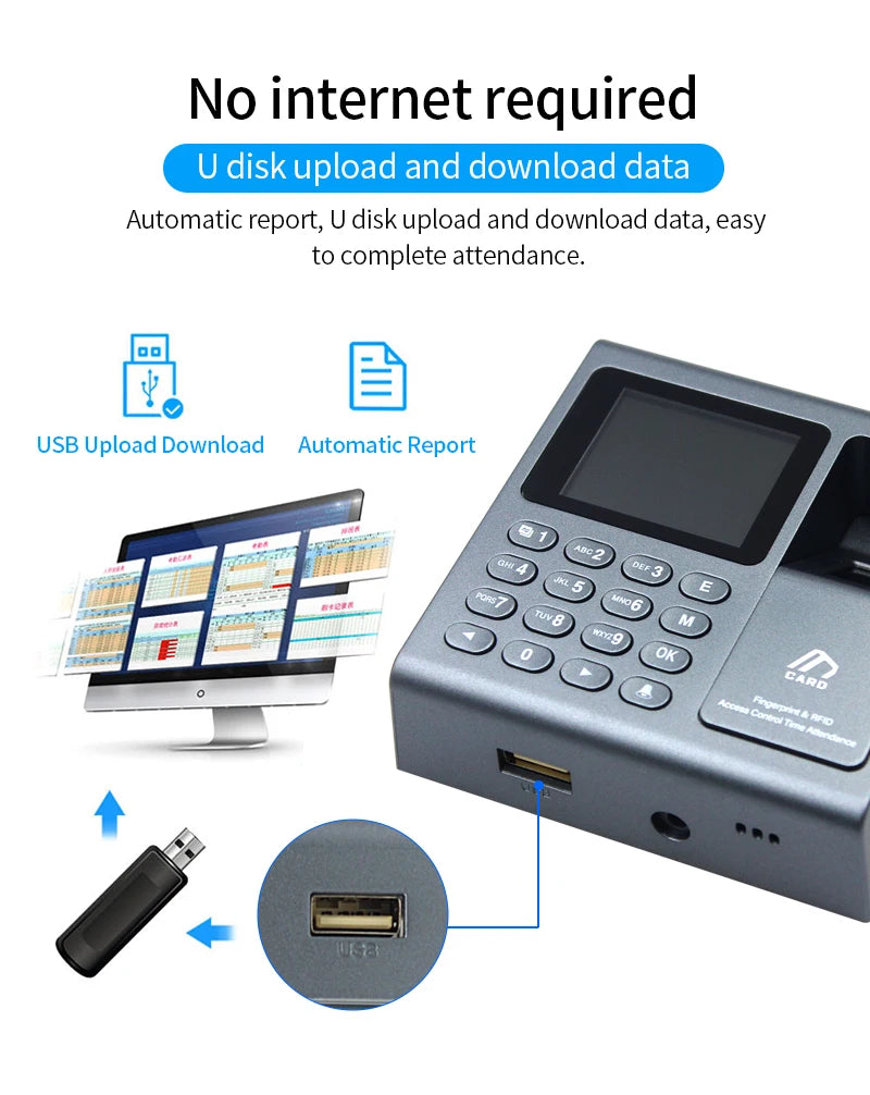 Biometrischer Fingerabdruckscanner RFID-Zutrittskontrollsystem 1000 Benutzer USB Zeiterfassung Präsenzmaschine für Mitarbeiter
