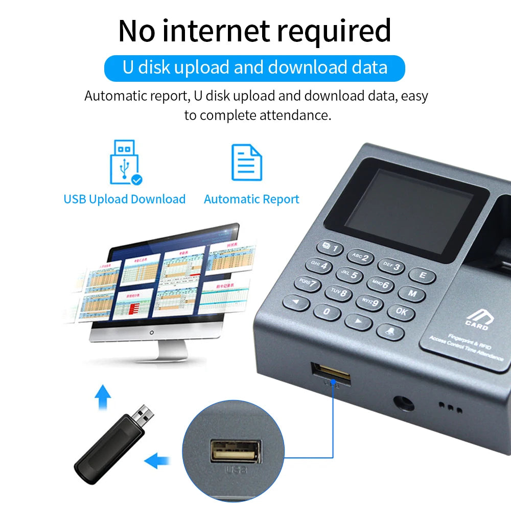 Biometrischer Fingerabdruckscanner RFID-Zutrittskontrollsystem 1000 Benutzer USB Zeiterfassung Präsenzmaschine für Mitarbeiter