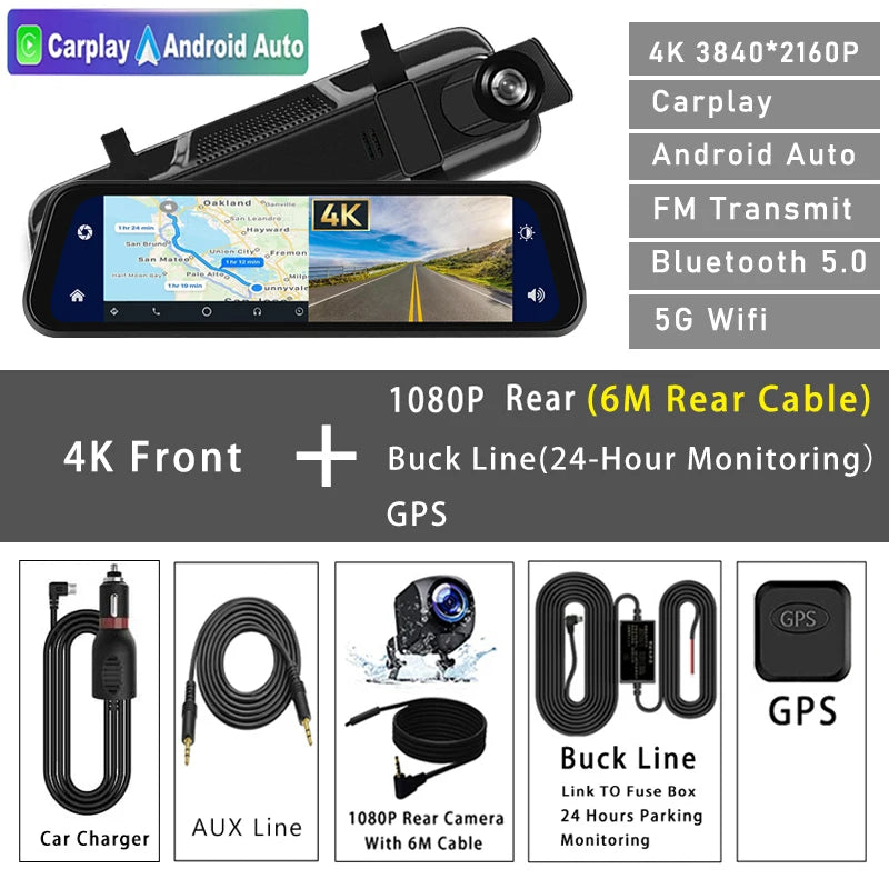 Dashcam 4K 2160P Auto-DVR CarPlay Android Auto Streaming Rückspiegel GPS 5G WLAN FM-Radio AUX Dashcam Auto-Kamera Fahrtenschreiber
