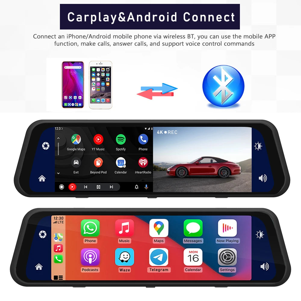 Dashcam 4K 2160P Auto-DVR CarPlay Android Auto Streaming Rückspiegel GPS 5G WLAN FM-Radio AUX Dashcam Auto-Kamera Fahrtenschreiber