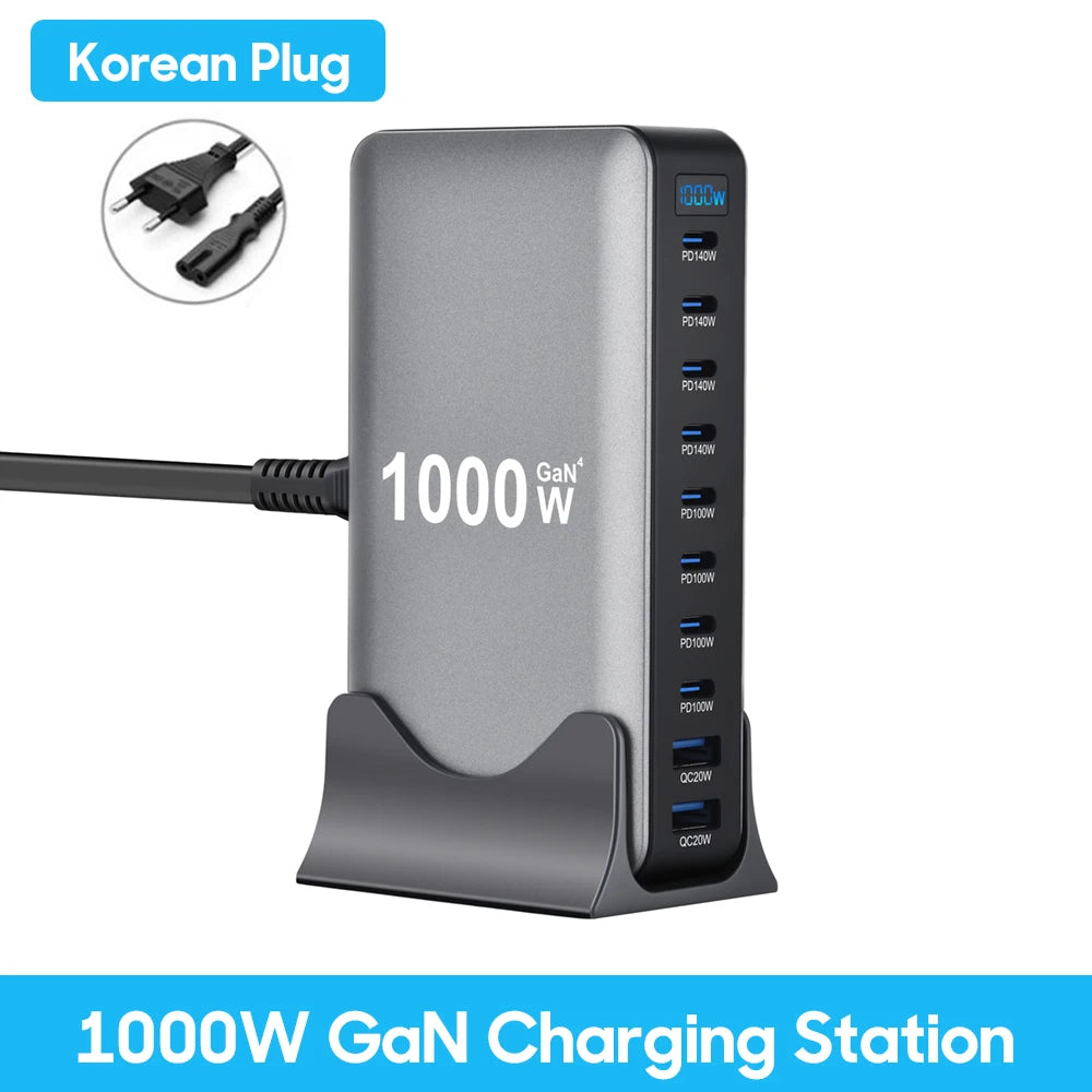 1000W 10-Port GaN-Schreibtischadapter 140W PD-Schnellladen für MacBook Pro Laptop, 100W für Smartphone und Tablet, Multi-Port-USB-Hub Station
