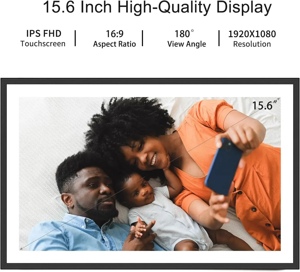 Frameo 15,6-Zoll-WLAN-Digitalfotorahmen, 1920 × 1080 IPS-HD-Touchscreen, 64 GB, automatischer Bildschirmausrichtung, smarter Fotorahmen, Wandmontage
