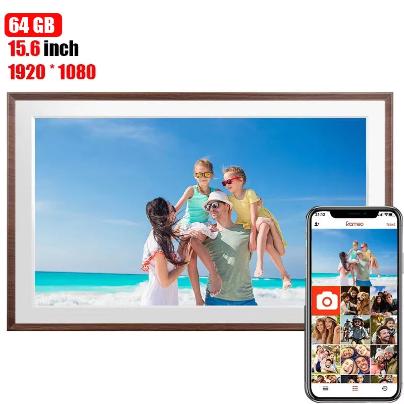 Frameo 15,6-Zoll-WLAN-Digitalfotorahmen, 1920 × 1080 IPS-HD-Touchscreen, 64 GB, automatischer Bildschirmausrichtung, smarter Fotorahmen, Wandmontage