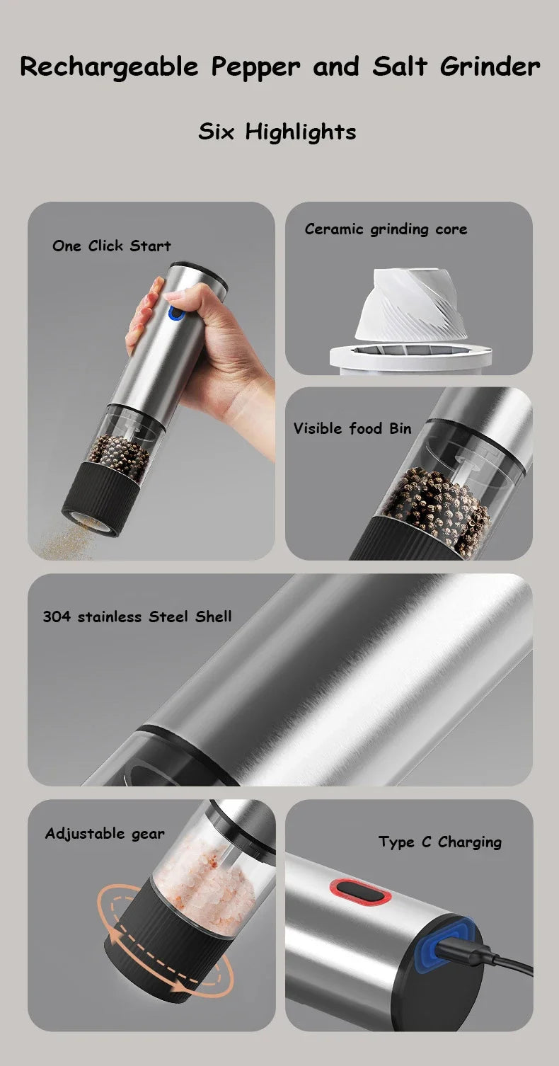Rechargeable Electric Salt & Pepper Grinder with Adjustable Coarseness