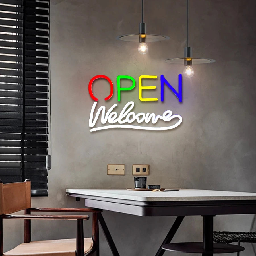 Insegna al neon LED Plugwell™ Open Welcome | Decorazione luminosa per vetrine e pareti di attività commerciali