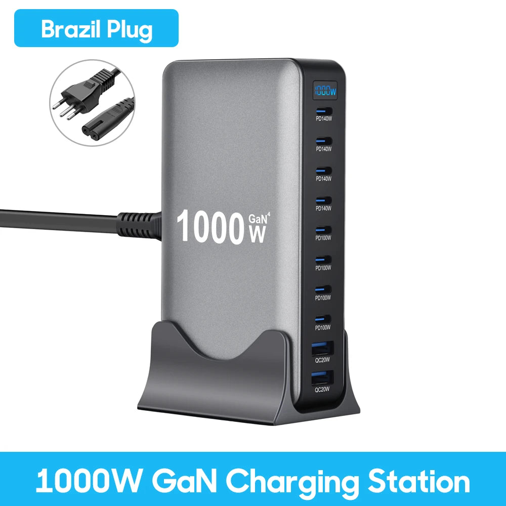 1000W 10-Port GaN-Schreibtischadapter 140W PD-Schnellladen für MacBook Pro Laptop, 100W für Smartphone und Tablet, Multi-Port-USB-Hub Station
