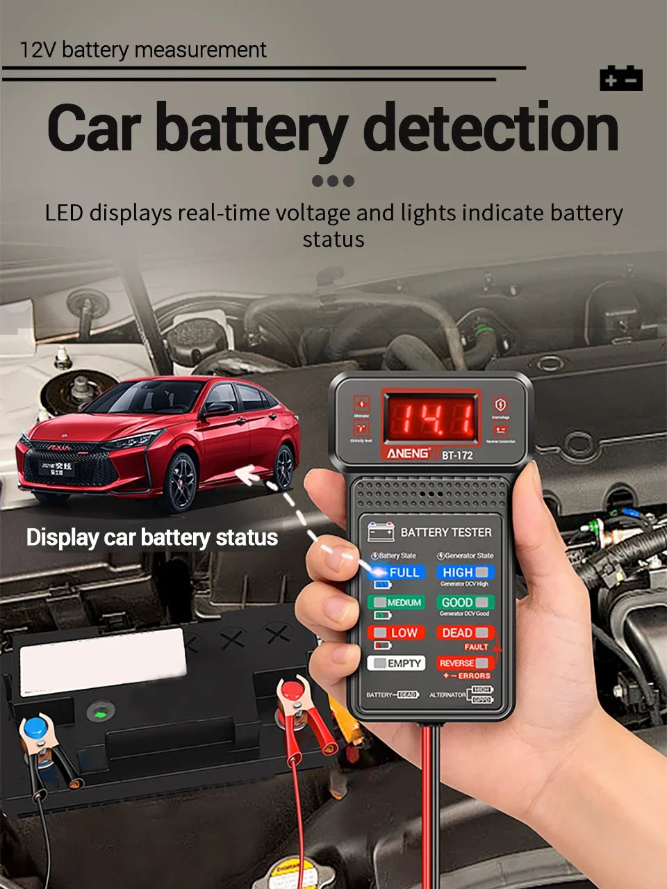 Plugwell™ BT-172 12V Car Battery Tester | Digital LED Display & Buzzer Diagnostic Tool