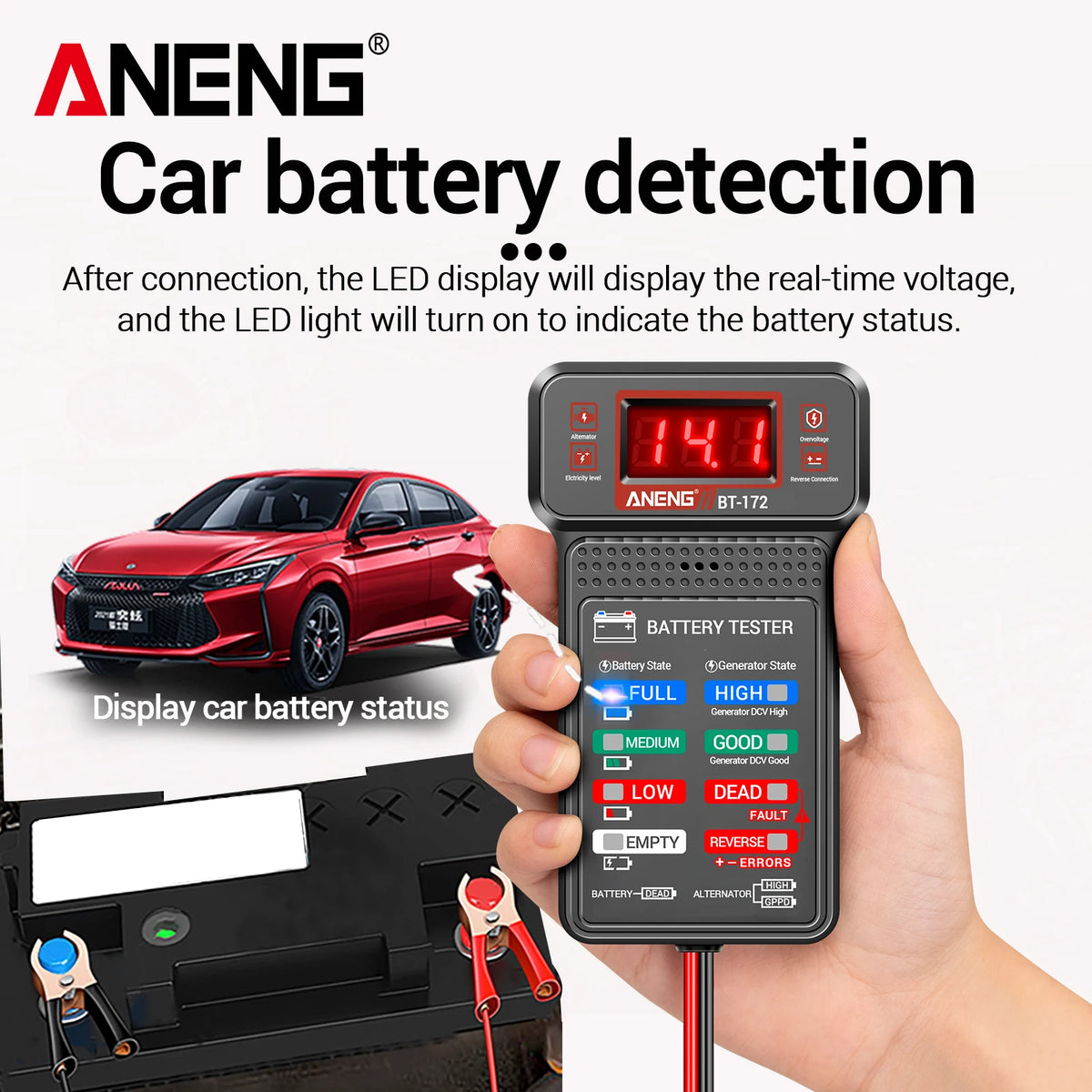 Plugwell™ BT-172 12V Car Battery Tester | Digital LED Display & Buzzer Diagnostic Tool