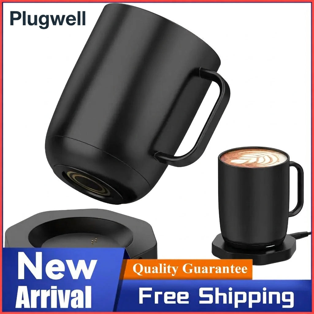 Plugwell Wireless Charging Base for Ember Temperature Control Smart Mug 1 and 2 displayed alongside a smart mug on an office desk