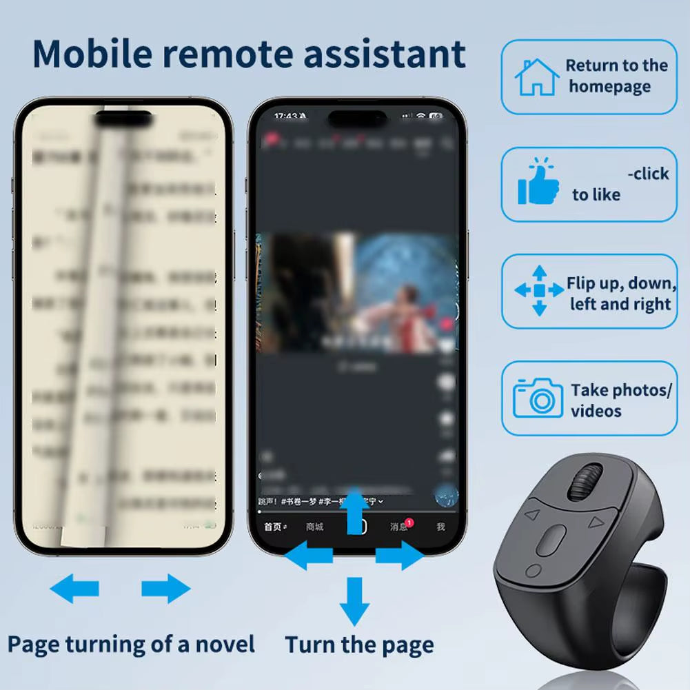 Cell Phone Scrolling Ring Wireless Finger Shutter Remote Control Page Turner Mobile Phone Controller Bluetooth for Travel