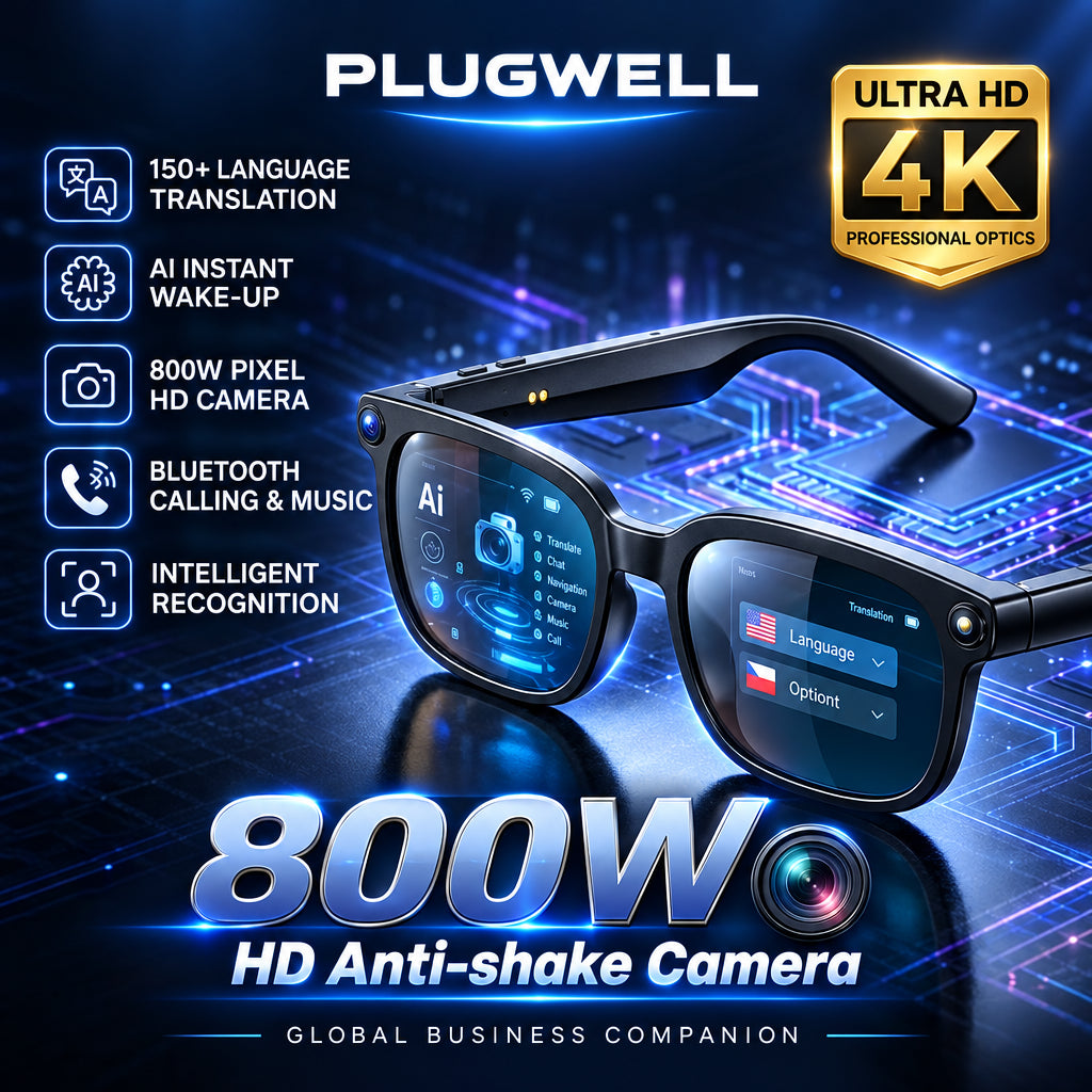 Stay connected and capture every moment with Plugwell™ AI Smart Glasses. Featuring an HD camera, Bluetooth audio, AI tools, voice assistance, and multilingual translation.

