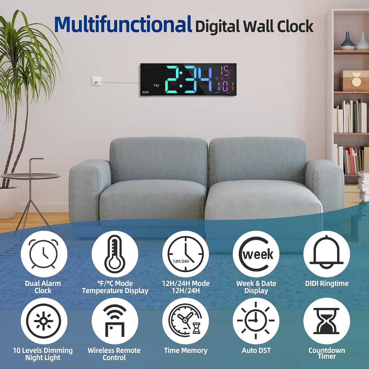 16.2" Digital Wall Clock – RGB, Remote, Dual Alarm, Auto-Brightness