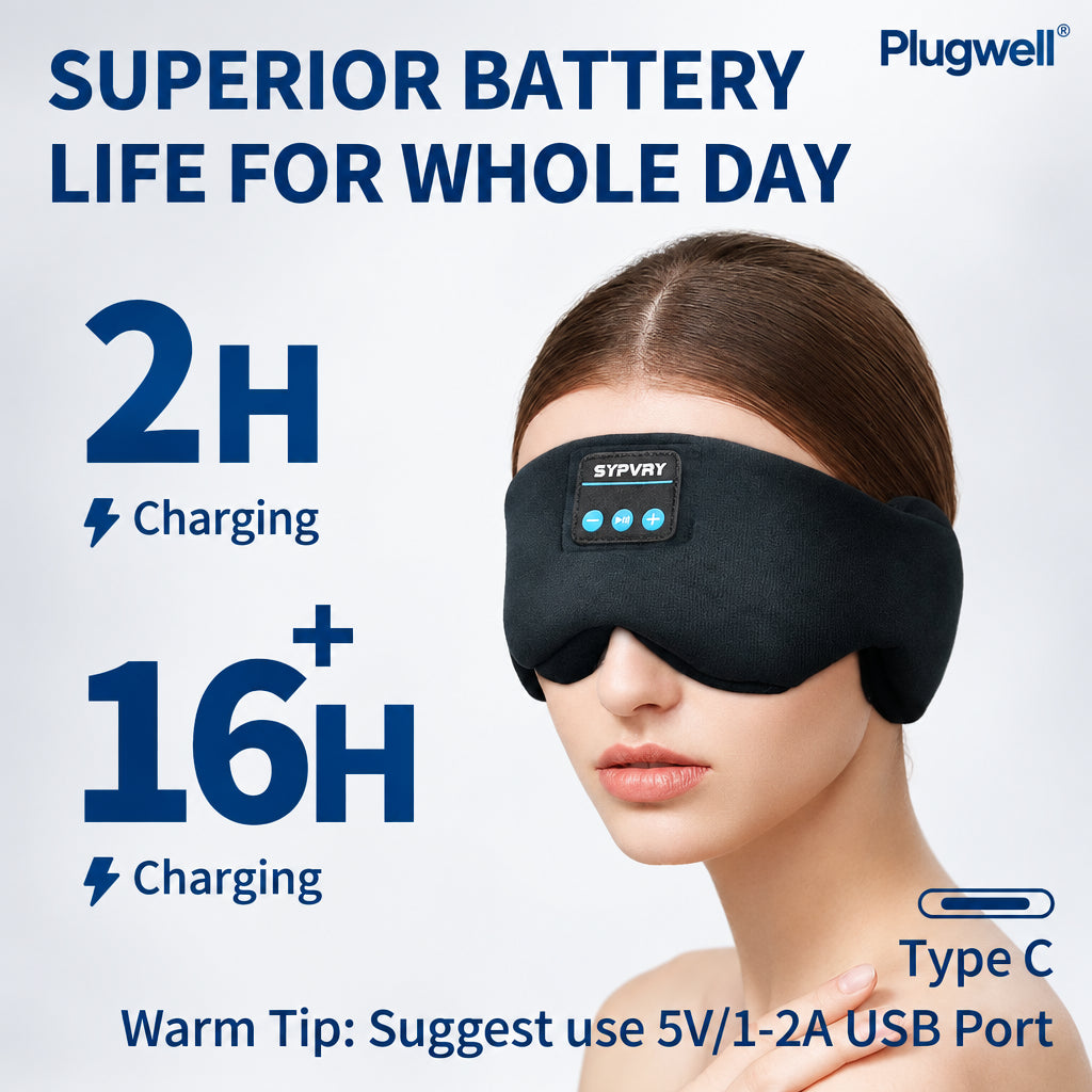 Relax, meditate, and sleep comfortably with the Plugwell™ Bluetooth Sleep Mask. Features Bluetooth 5.2, built-in speakers, complete blackout design, and all-night battery performance.