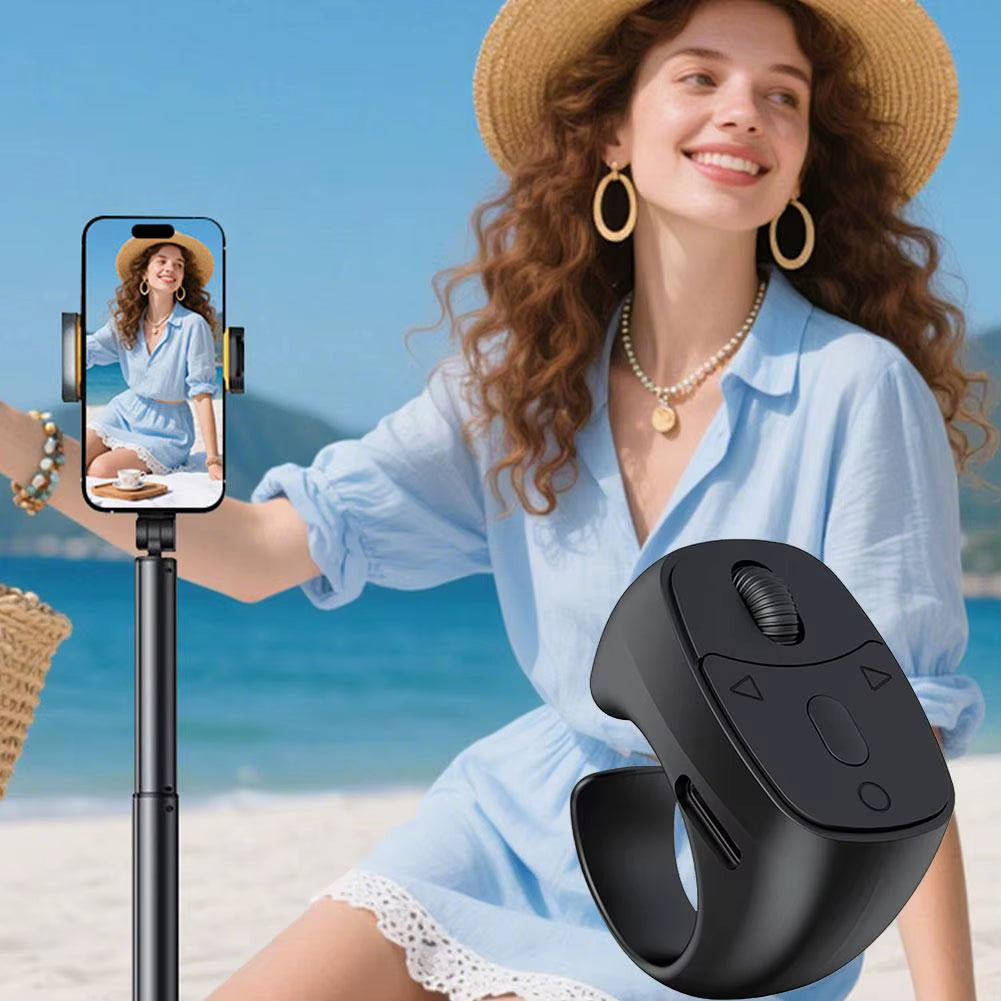 Cell Phone Scrolling Ring Wireless Finger Shutter Remote Control Page Turner Mobile Phone Controller Bluetooth for Travel