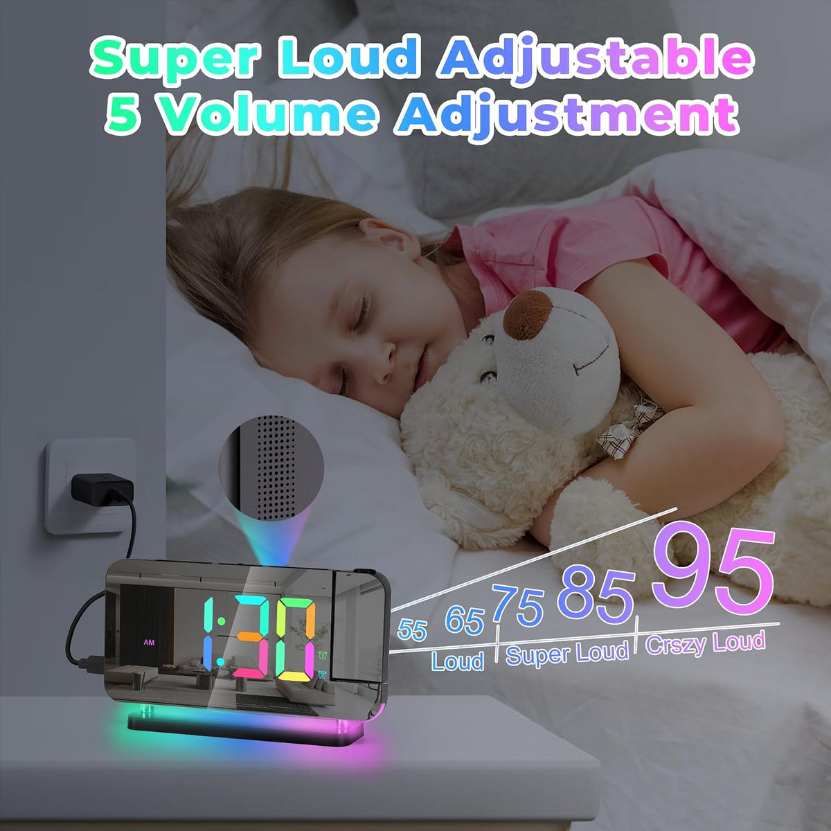 Projection Alarm Clock,7.4" LED RGB Digital Clocks Large Display,With 180° Rotatable Projector,Night Light,Usb C Charger Port,Auto Dimming,Modern Desk Clock for Teens Adults Bedroom - Black