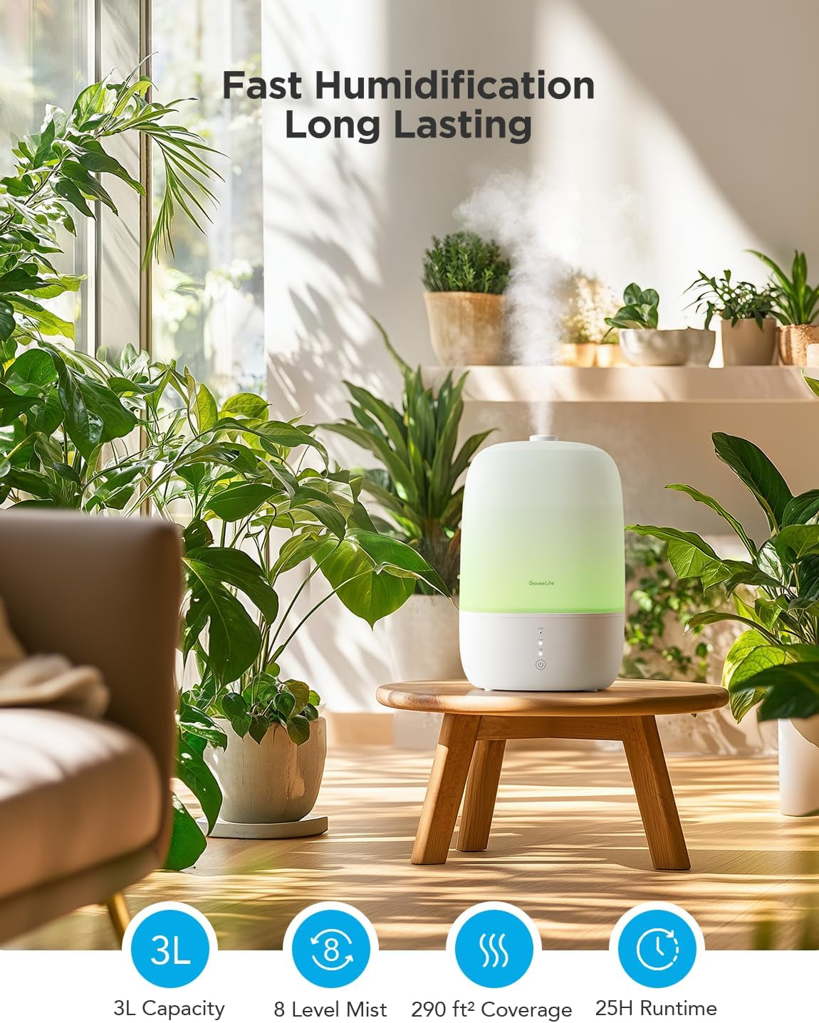 Smart Humidifiers for Bedroom, 3L Top Fill Cool Mist Humidifier
