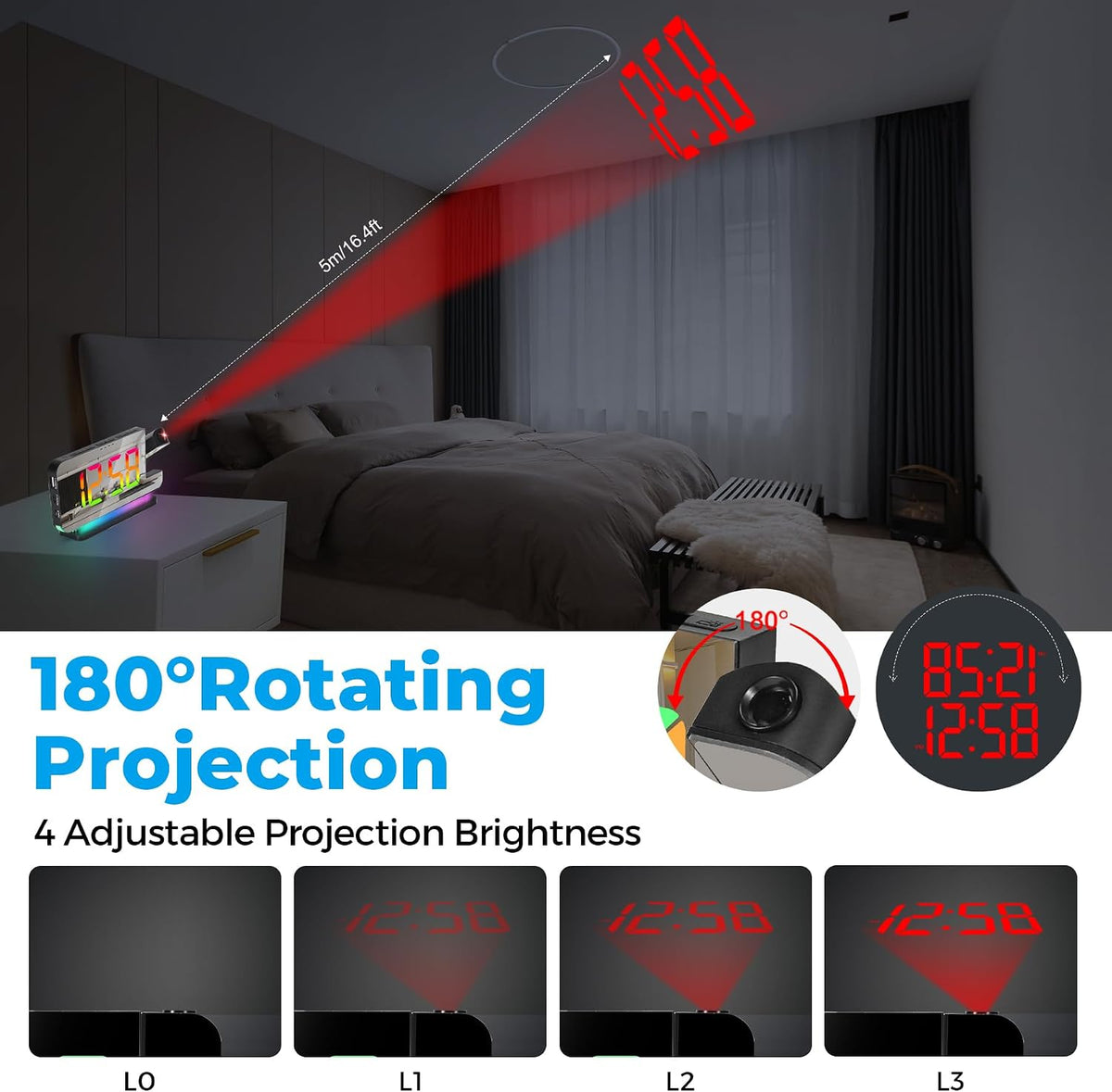 Projection Alarm Clock,7.4" LED RGB Digital Clocks Large Display,With 180° Rotatable Projector,Night Light,Usb C Charger Port,Auto Dimming,Modern Desk Clock for Teens Adults Bedroom - Black