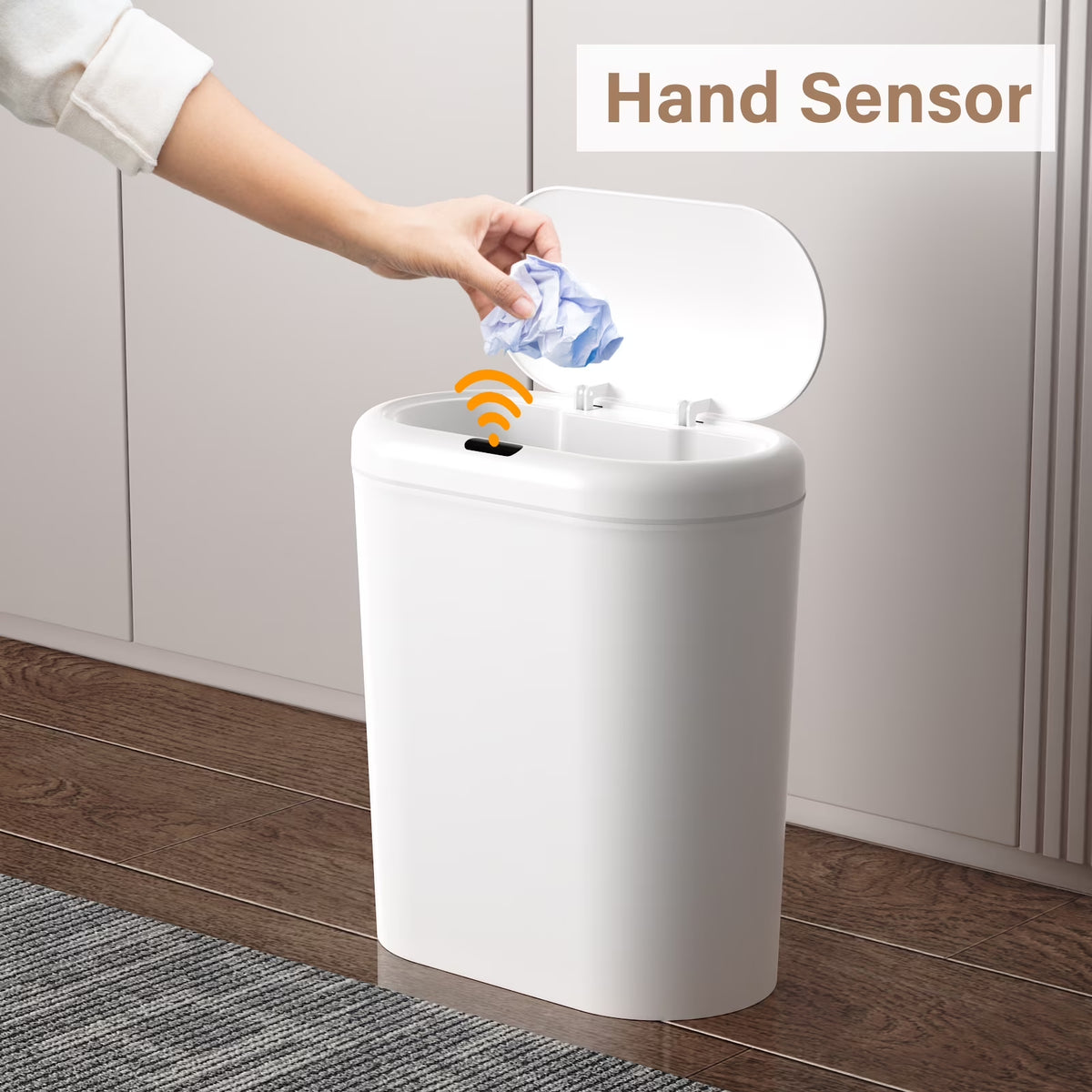 Automatic Sensor Trash Can with Lid 2 Pack: 3.3 Gallon Plastic Garbage Bins, Waterproof Touchless Slimline Wastebasket for Bathroom, Bedroom, Kitchen, Office, White