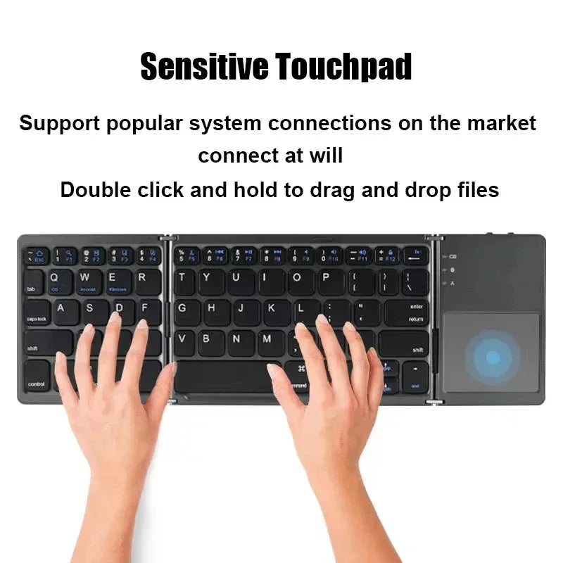 Stay productive on the go with the Plugwell™ Tri-Folding Bluetooth Keyboard. Connect up to 3 devices, enjoy a built-in touchpad, and carry it anywhere with its ultra-portable design.