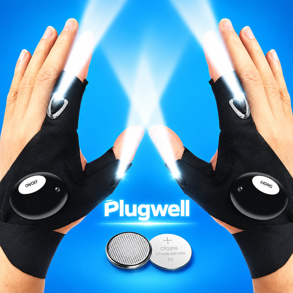 Work smarter in dark spaces with Plugwell™ LED Flashlight Gloves. Built-in fingertip LEDs provide hands-free illumination for DIY projects, outdoor activities, and emergency situations.
