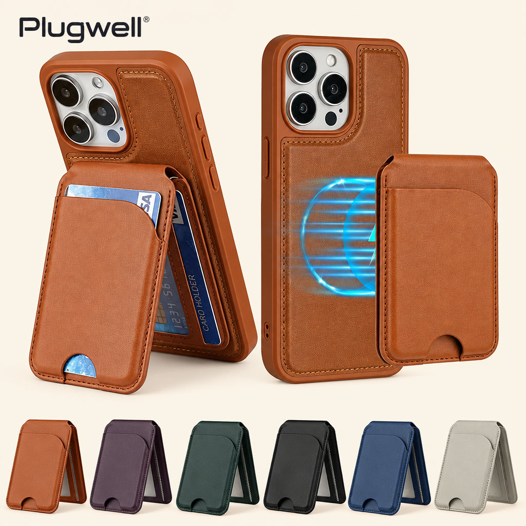 Simplify everyday carry with the Plugwell™ Magnetic Leather Wallet & Stand. Secure MagSafe attachment, card storage for up to 5 cards, and a versatile adjustable phone stand.