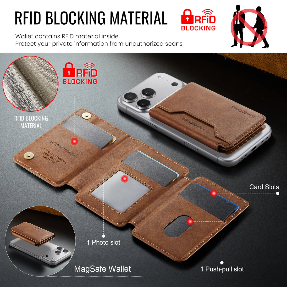Protect your cards and simplify your carry with the Plugwell™ MagSafe RFID Blocking Magnetic Wallet. Features RFID protection, 7 card slots, cash storage, and a built-in phone stand.