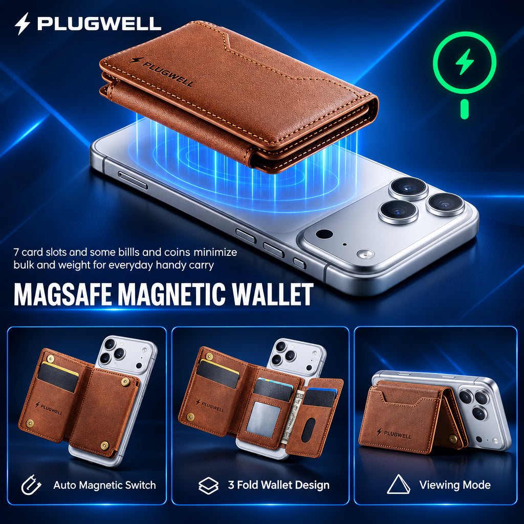 Streamline your everyday carry with the Plugwell™ MagSafe RFID Wallet. RFID-blocking security, detachable magnetic attachment, card storage, coin pocket, and hands-free viewing stand.

