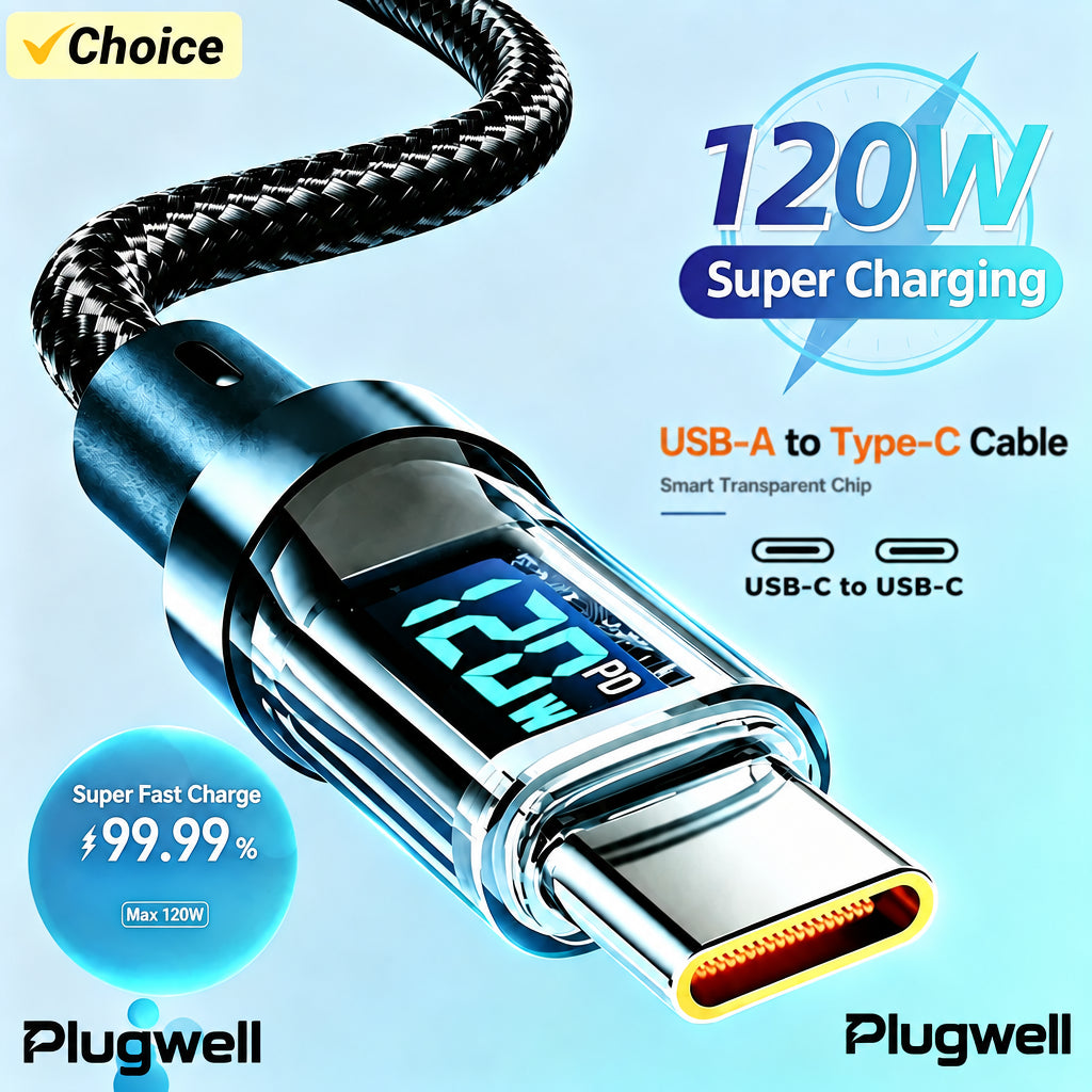 Plugwell 120W Super Fast Charging Cable highlighting its digital display and USB-A to Type-C transparent connector head.