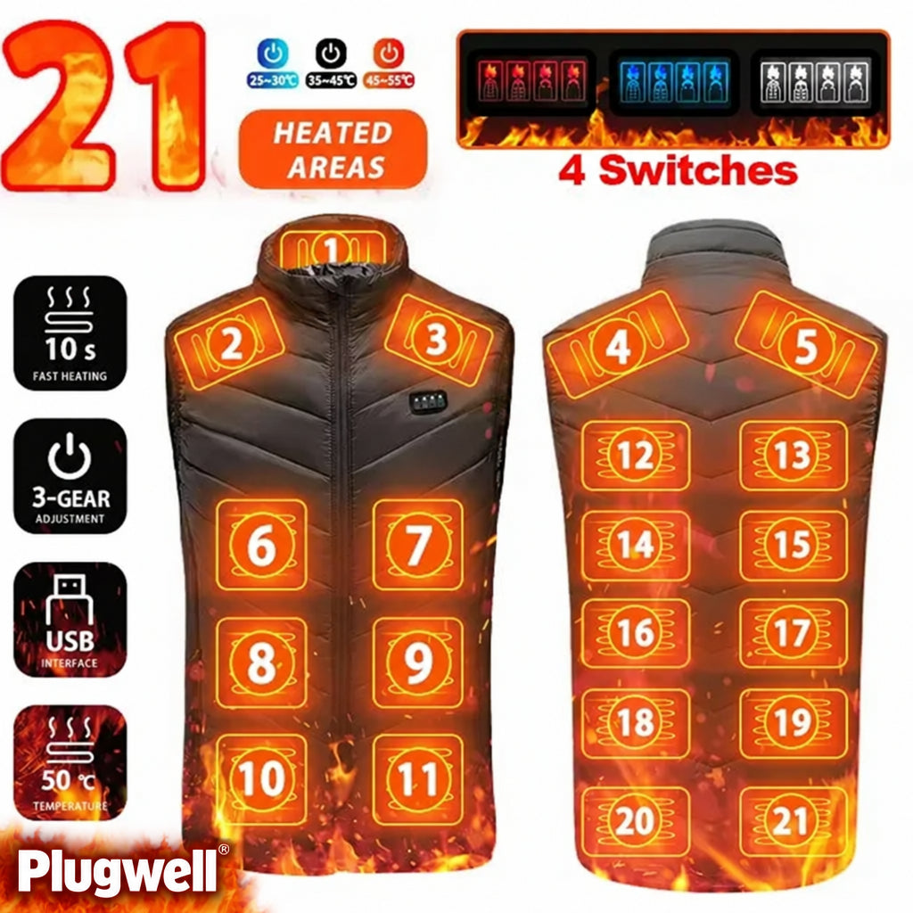 : Plugwell 21-Zone Heated Vest displaying the 21 numbered heating zones layout and 4 independent switch control panels.