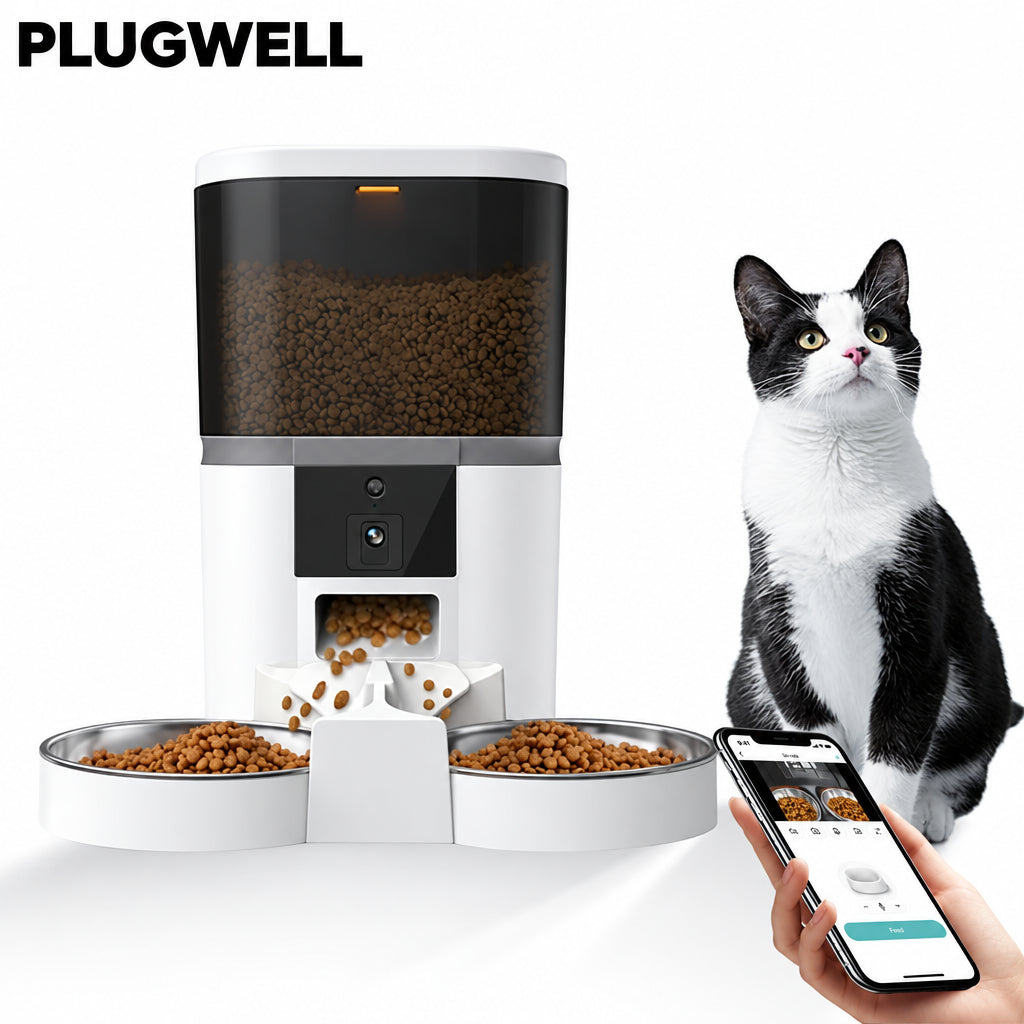 Plugwell 4L Automatic Pet Feeder with HD camera shown alongside a cat and a smartphone displaying the app control interface.