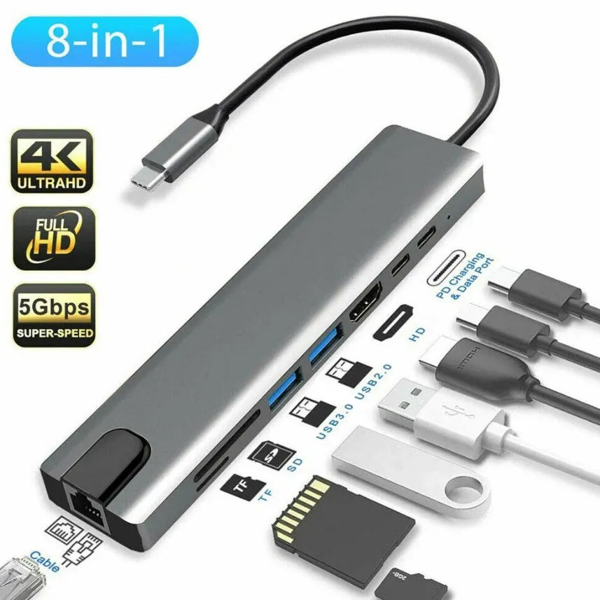 Plugwell 8-in-1 Type-C USB Hub angled view showing multiple ports, cables, and SD card accessories.