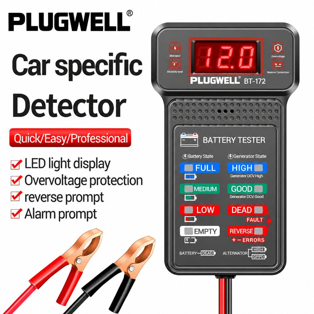 Plugwell BT-172 12V Car Battery Tester showing its digital LED display and red and black alligator clips.