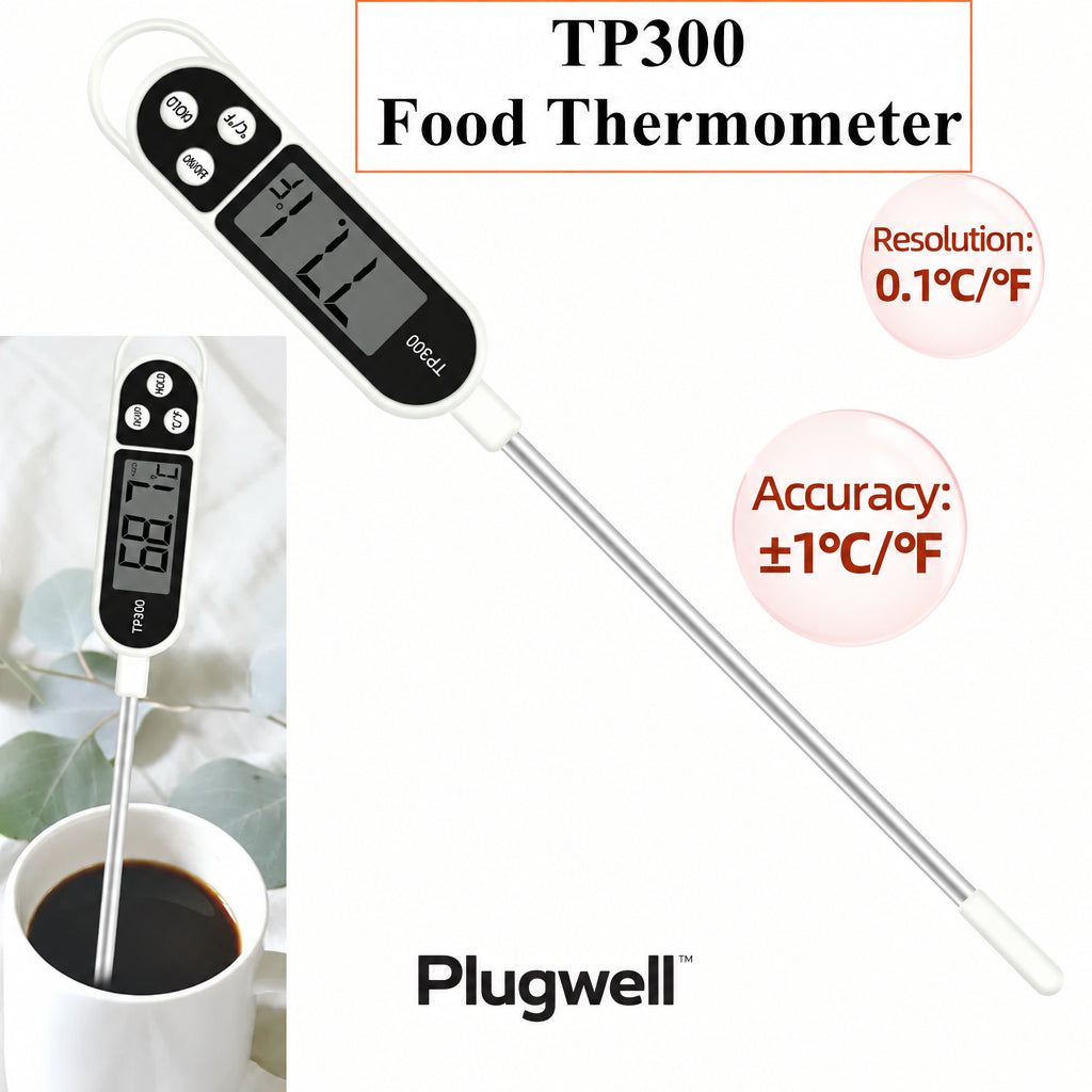 Plugwell TP300 Digital Food Thermometer with a stainless steel probe inserted into a mug of hot coffee.