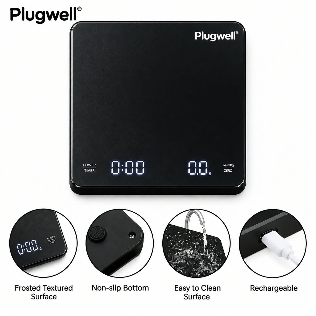 Plugwell LED Screen Digital Kitchen Scale with Timer displaying weight and time on its sleek black surface.