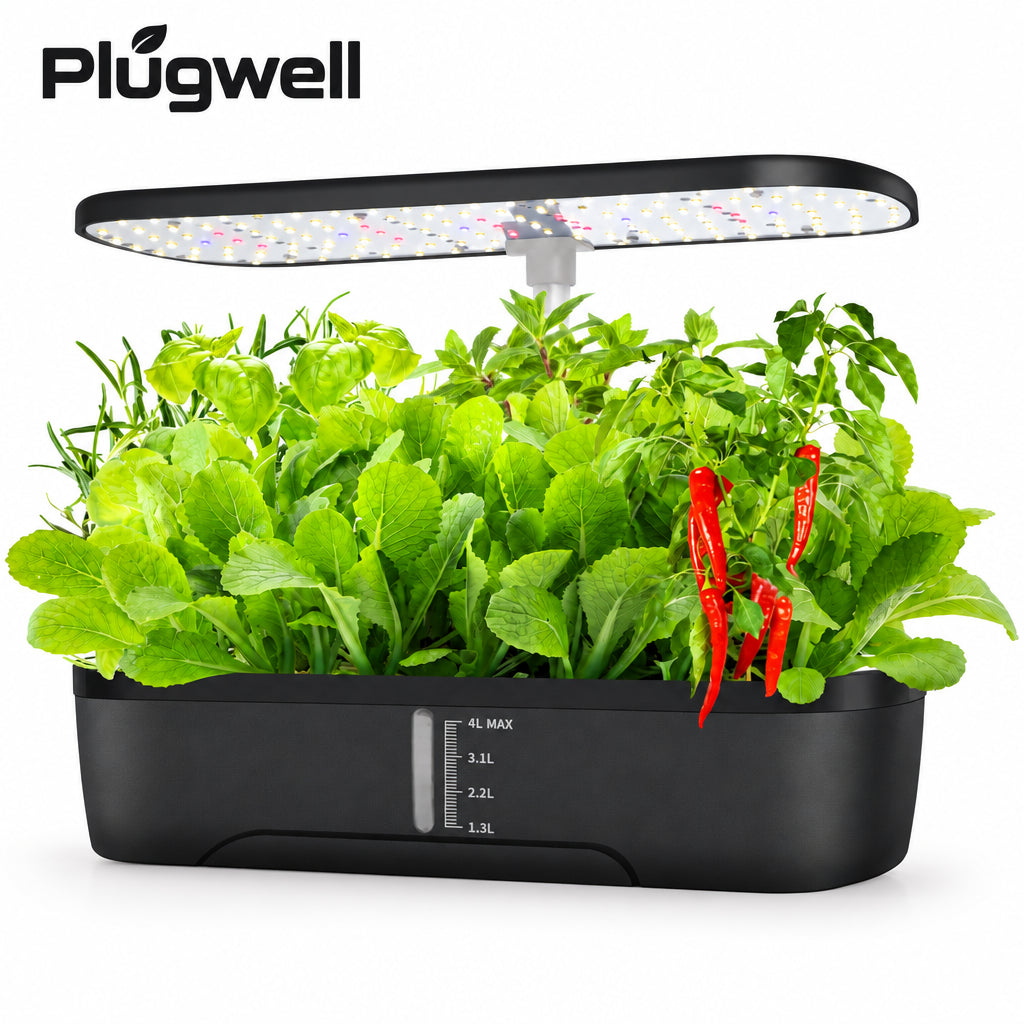 Plugwell 12-Pod Hydroponics Growing System with lush green herbs thriving under a sleek black LED grow light panel.