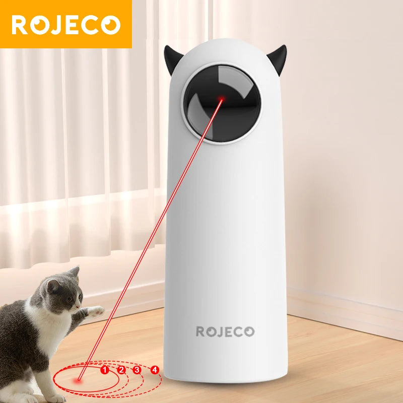 Infrared laser projection diagram showing the Plugwell automated cat toy entertaining an active kitten.