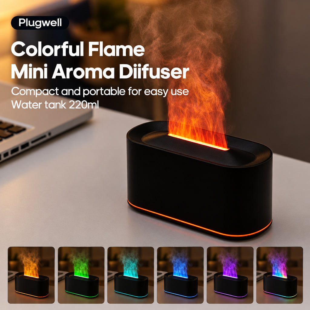 Plugwell Mini Flame Aroma Diffuser showcasing its realistic colorful RGB flame light effect and compact black body