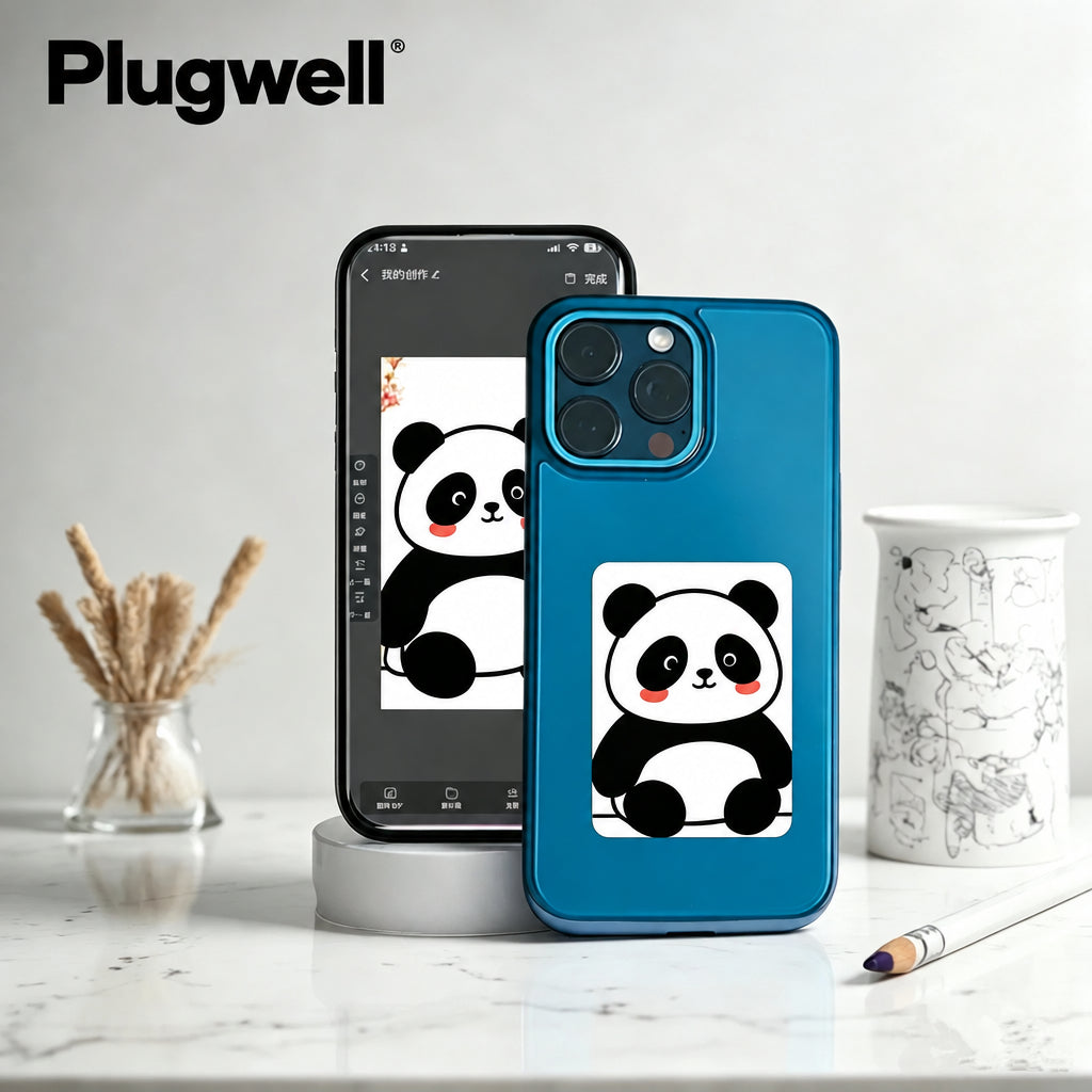 : Plugwell NFC E-Ink Screen Phone Case displaying a cute panda graphic on a blue iPhone standing on a marble desk.