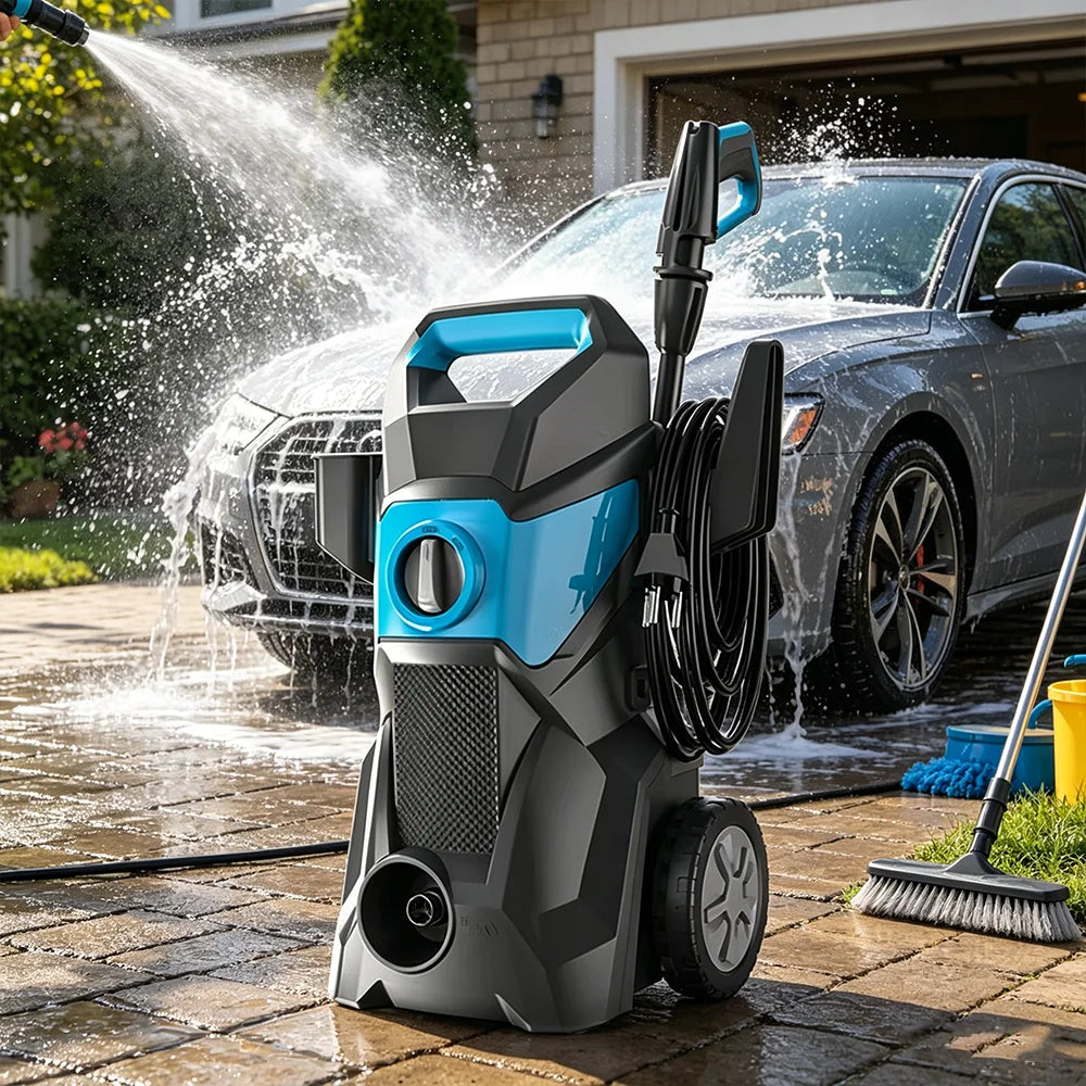 Handheld car washer spraying a car