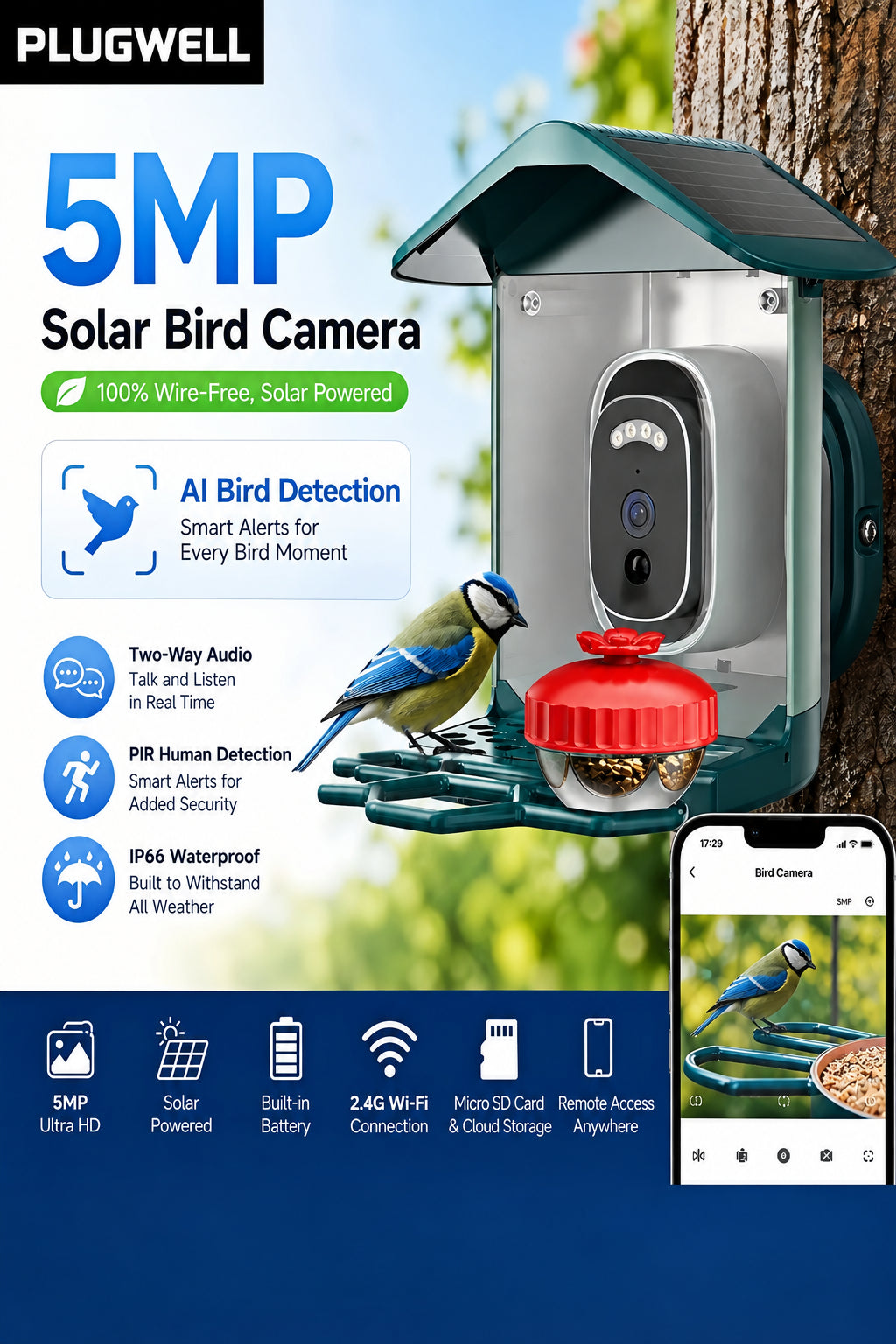 Plugwell 5MP Solar Smart Bird Feeder Camera mounted on a tree with a blue tit bird eating from the red feeder hopper.