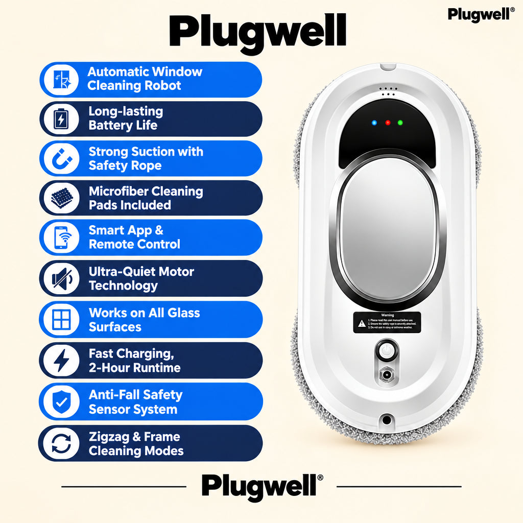 Plugwell Electric Window Cleaning Robot shown next to sales codes and promotional discount banner.