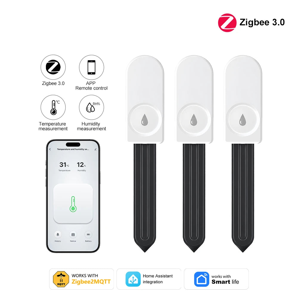 humidity and temperature sensors shown with smartphone app screen and features for remote control, temperature measurement, humidity measurement, 