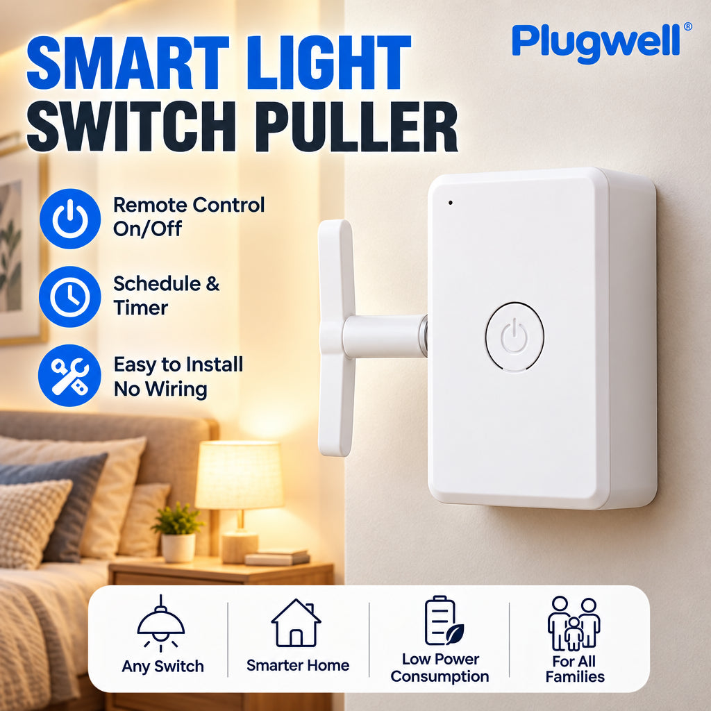 Upgrade your home instantly with the Plugwell™ Wireless Smart Switch Pusher. Remote control, no wiring required, USB-C rechargeable, and compatible with most rocker light switches.