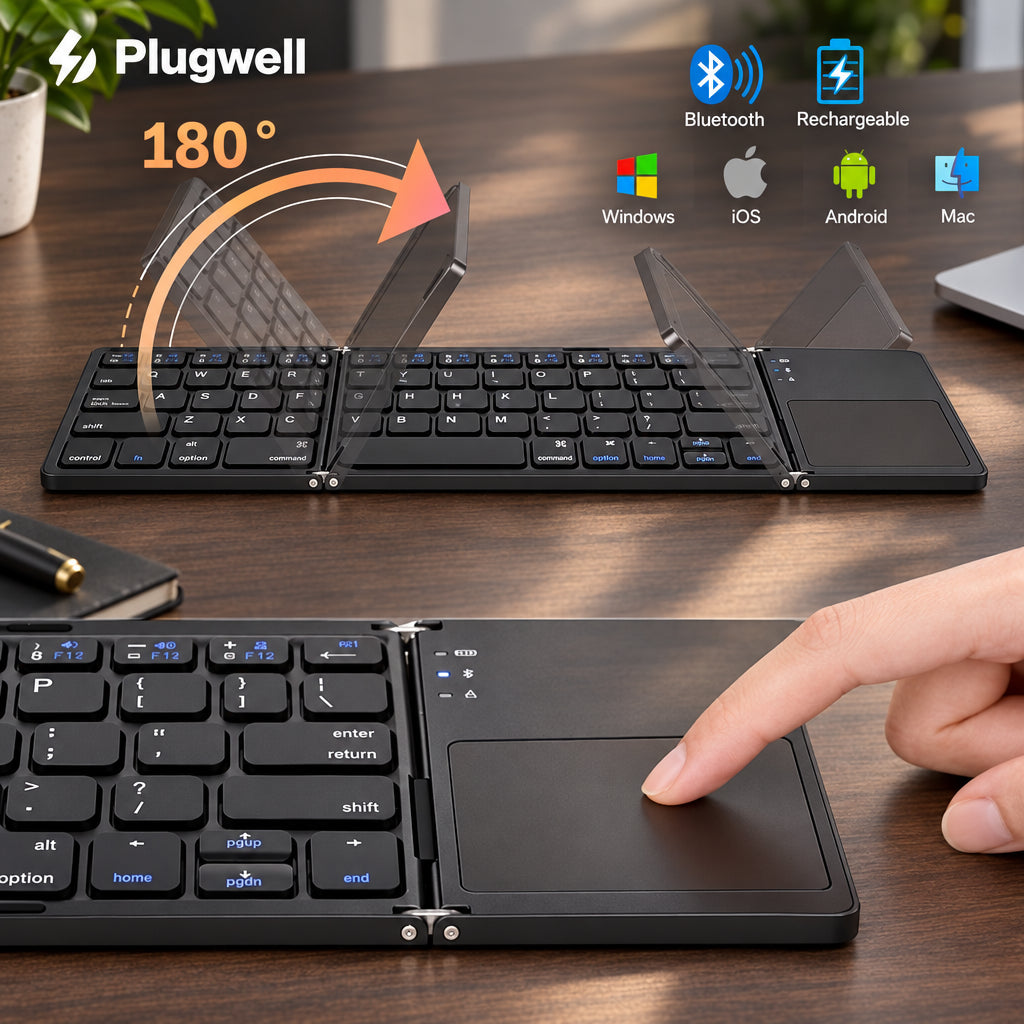 Type comfortably anywhere with the Plugwell™ Wireless Tri-Folding Bluetooth Keyboard. Featuring a built-in touchpad, multi-device Bluetooth pairing, and a compact foldable design for work, travel, and productivity.